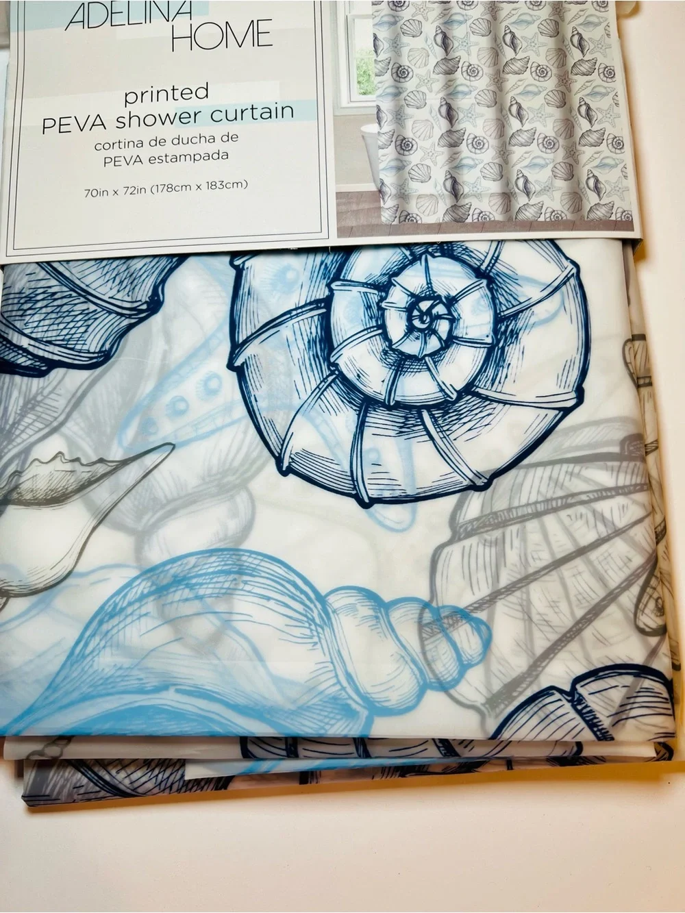 Coastal Shells Peva Shower Curtain Blue & Gray Seashore Seashells Sand